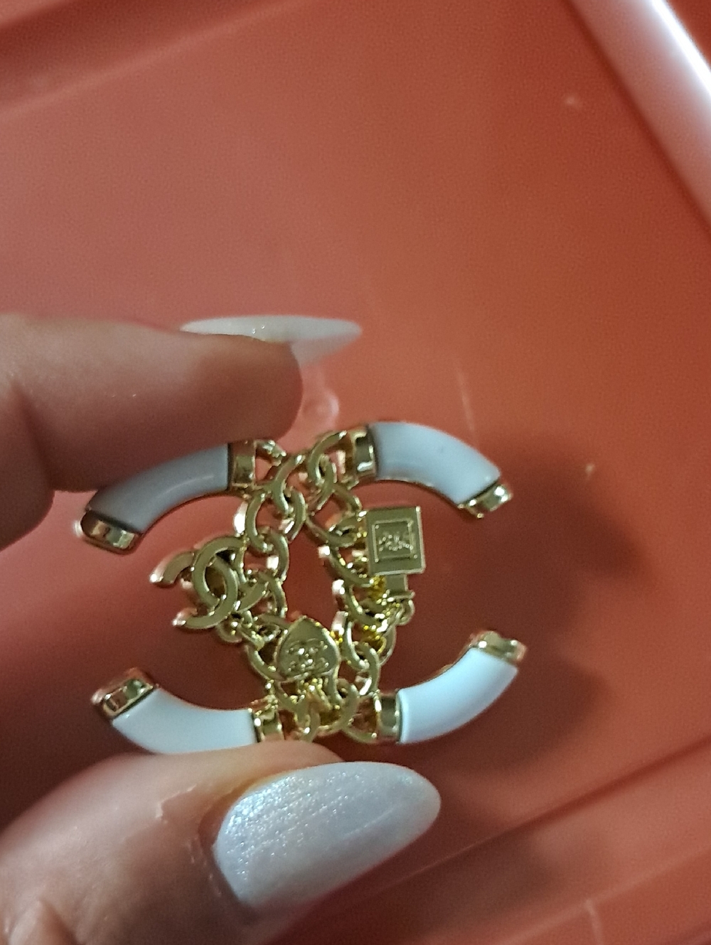 Fashion Jewelry Gold & White Interlocking Logo Brooch - Picture 2 of 2